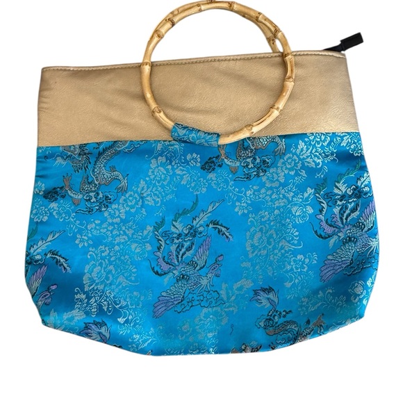 Elegant Blue Gold Brocade Tote Bag Bamboo Wooden Ring Handles Statement - Picture 2 of 8